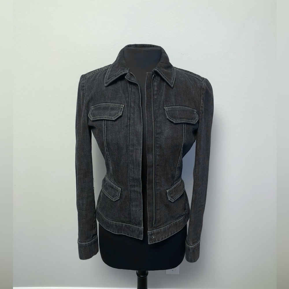 Vintage DKNY City Distressed Black Denim Jean Jacket Size 2